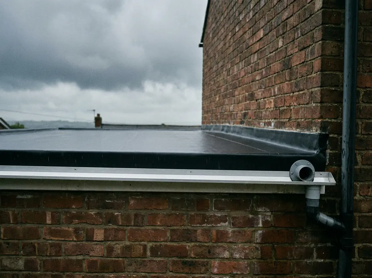A finished black EPDM rubber flat roof with an aluminium drip trim