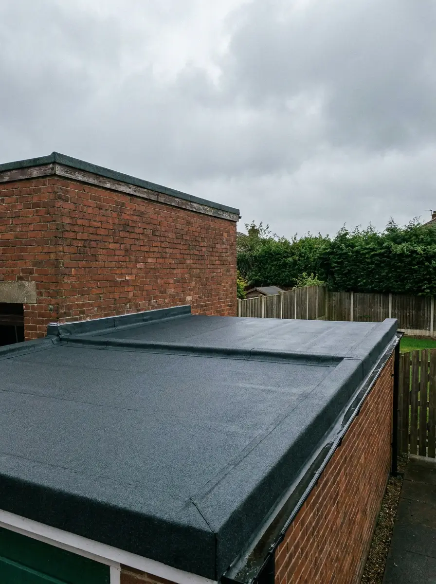A newly finished torch-on felt flat roof on a brick garage