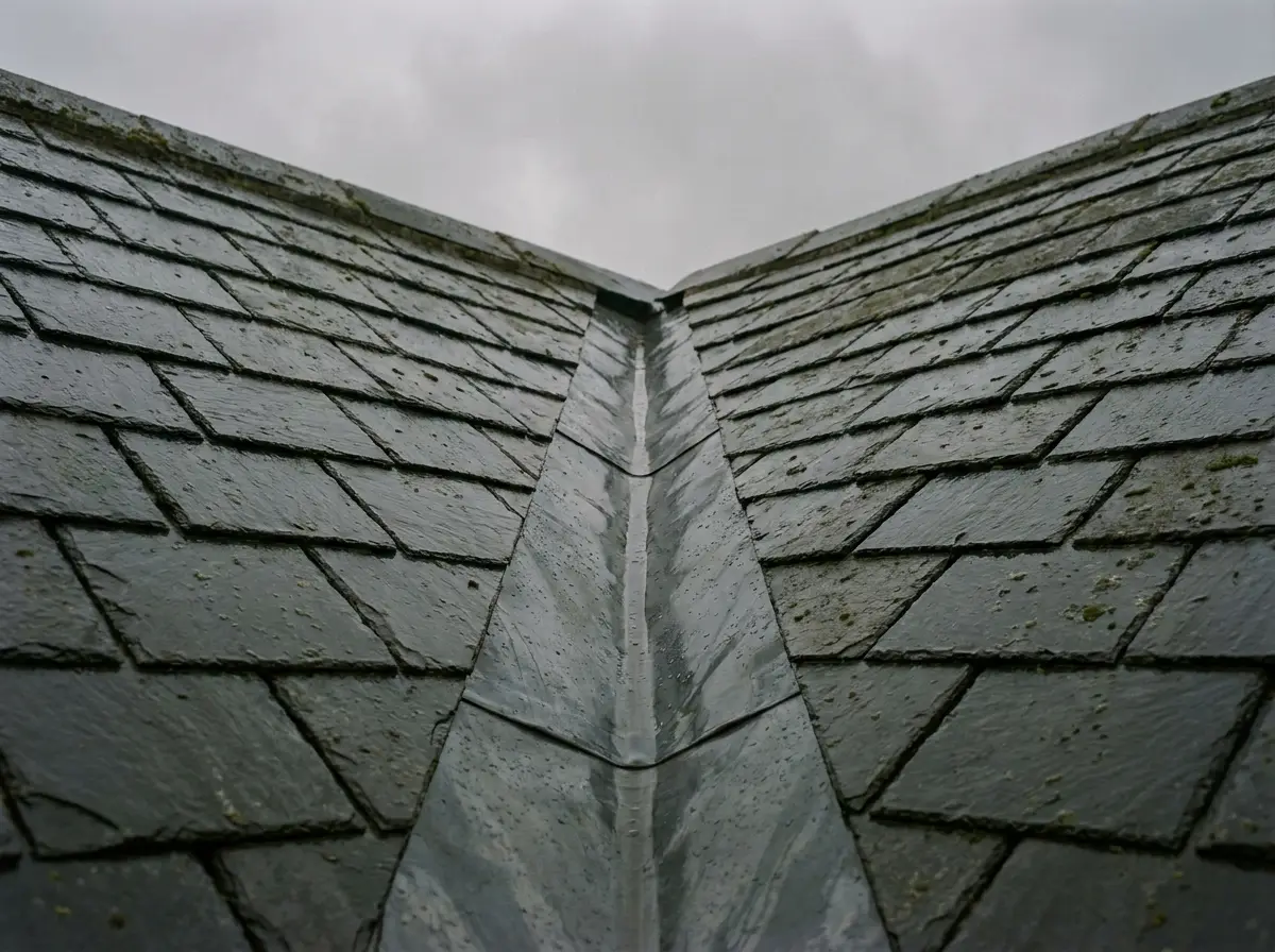 A new lead valley dressed between two pitched slate roof slopes
