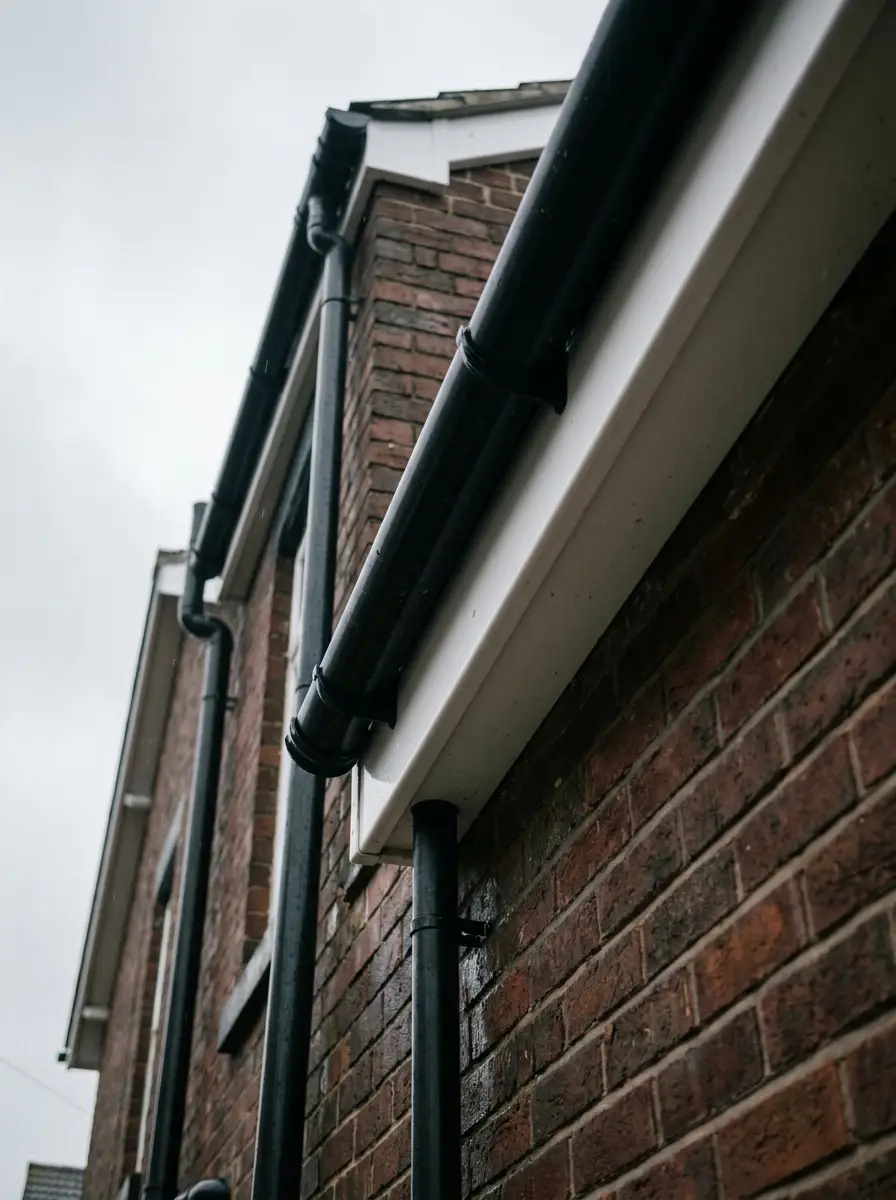 New black half-round guttering and white uPVC fascia along the eaves of a brick house