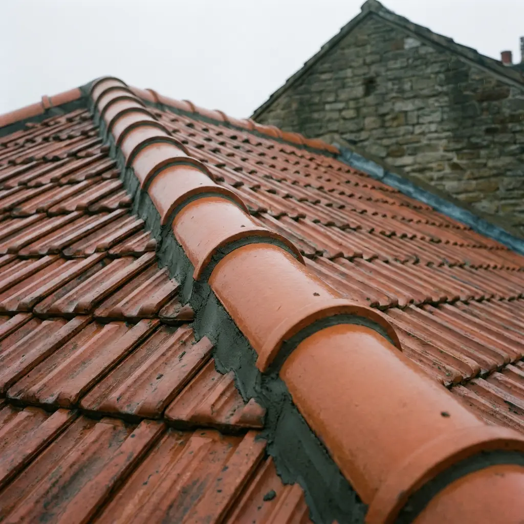 Half-round ridge tiles re-bedded on fresh mortar along a tiled roof