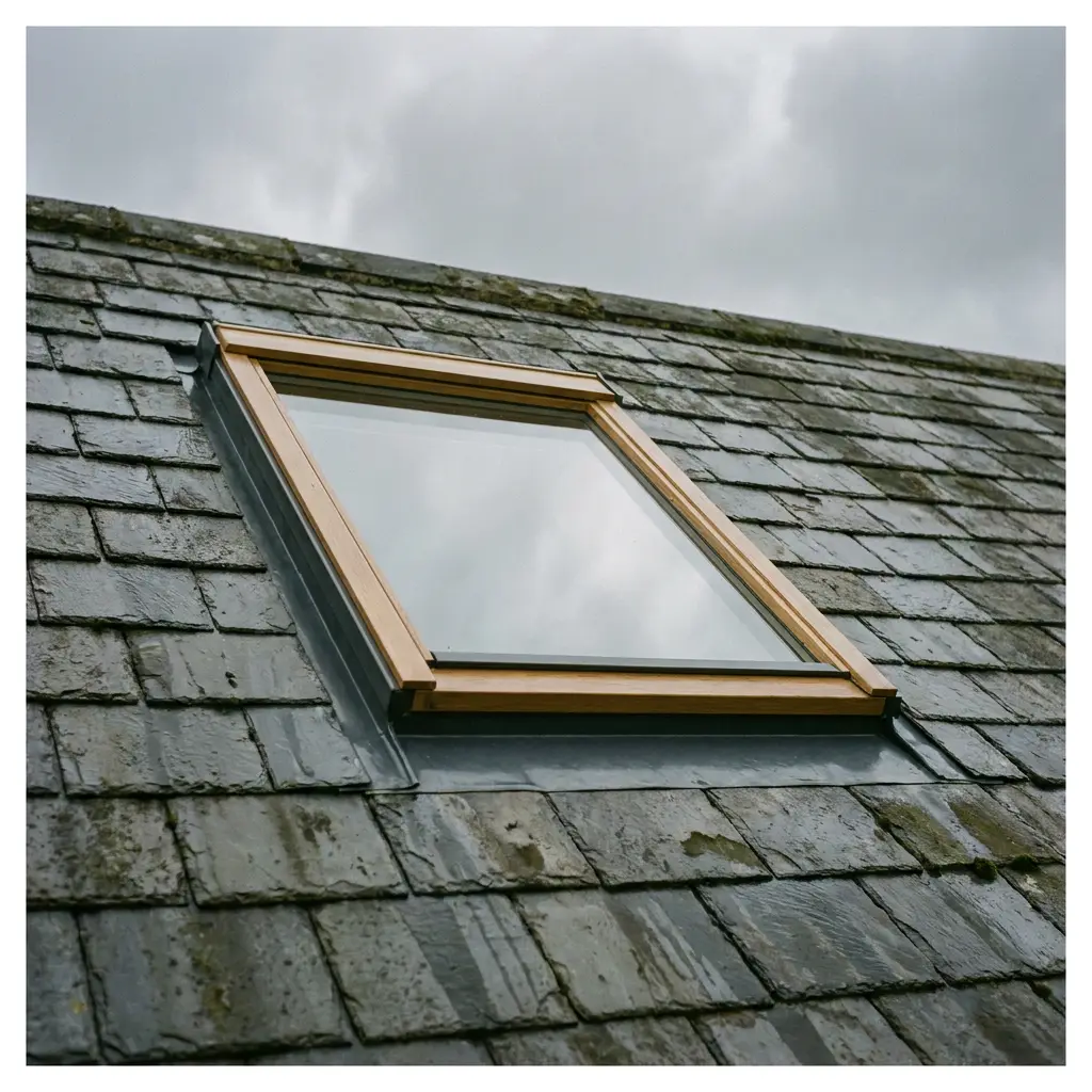 A roof window fitted into a slate pitched roof with a dressed flashing kit
